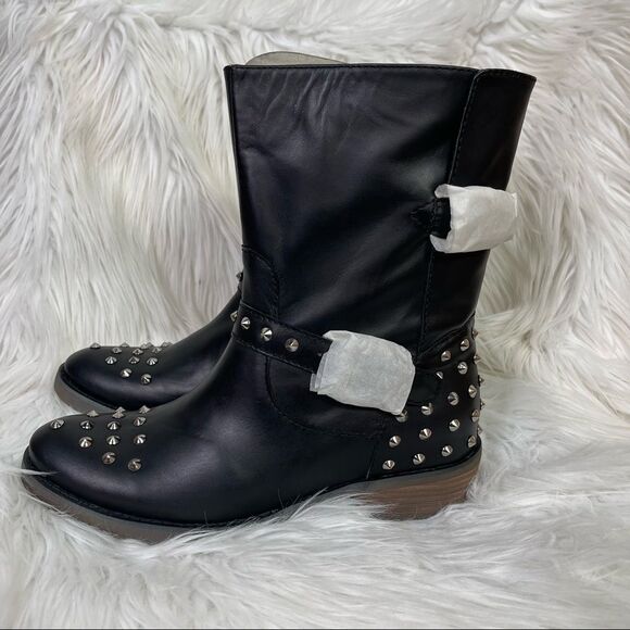 NEW LLKO Black Genuine Leather Studded Mid Calf Moto Booties EUR 38 US 7.5 - Picture 2 of 10